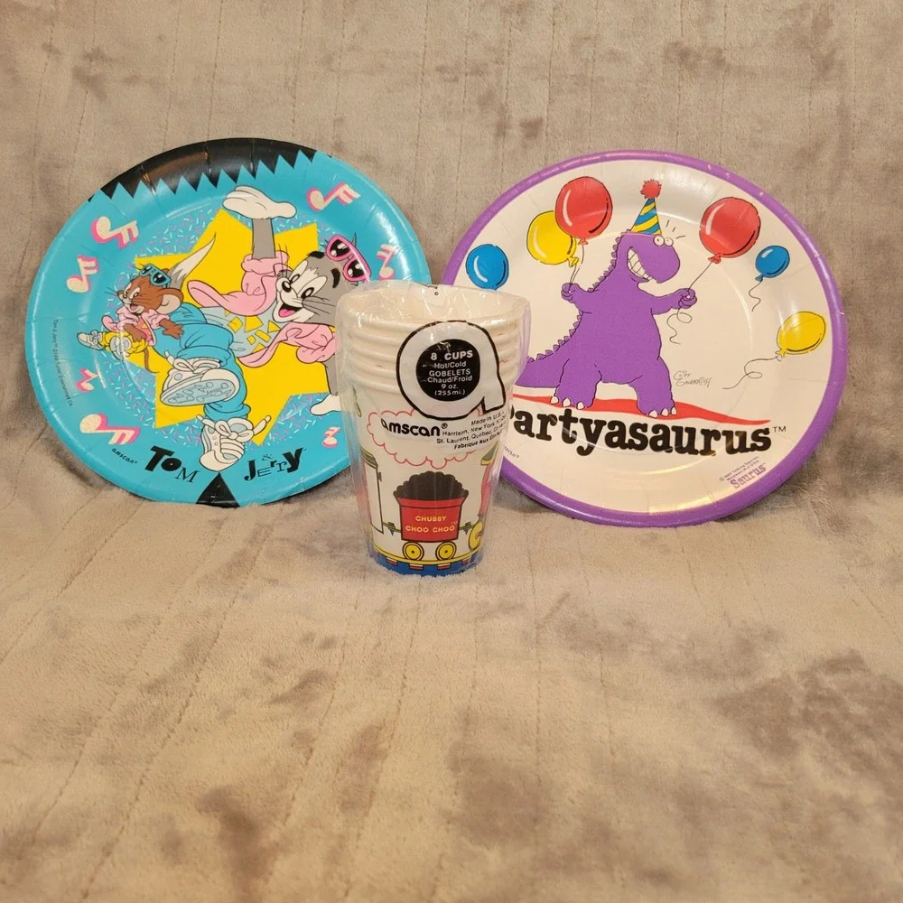 Vintage Amscan Kids Party Plates Cups 80s 90s Tom & Jerry Partyasaurus Choo Choo